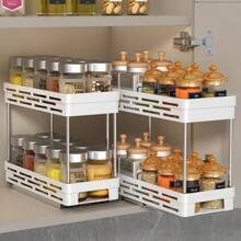 WORTHBUY 1 pieza Organizador de almacenamiento deslizable multifuncional, estante de almacenamiento de botes de especias de doble capa, soporte de almacenamiento de plástico para botellas de condimentos, adecuado para almacenar suministros de cocina en cocinas, baños y gabinetes - Blanco - Ver 13