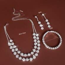 4pcs/set Full Diamond Circle Chain Necklace & Chain Bracelet & Drop Earrings For Women Wedding Bridal Jewelry - Silver - View 16