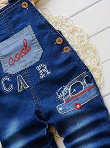 1pc Baby Boy Denim Overalls With Letter Embroidery For Spring/Autumn - Navy Blue - View 5