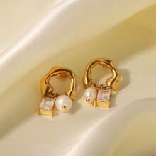1pair Stainless Steel 18k Plated Pearl & Cubic Zirconia Earrings Suitable For Work, Party, Date - Pearl Ear-rings - View 4