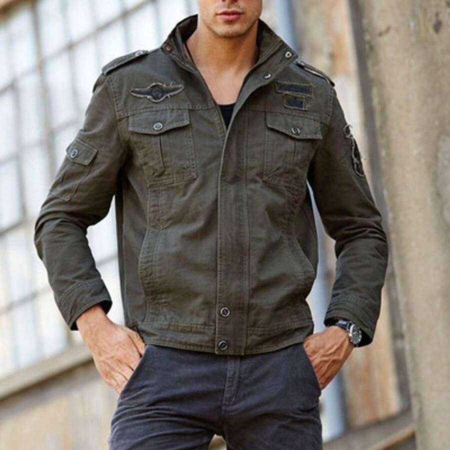 Military Style Zipper Jacket For Men - Army Green - View 1