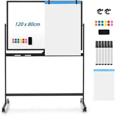 Magnetic Whiteboard With Stand, Double-Sided Whiteboard With Accessories Set, Dry Wipe, Mobile Whiteboard Height Adjustable, For School, Office, Home (120 X 80cm, Black)