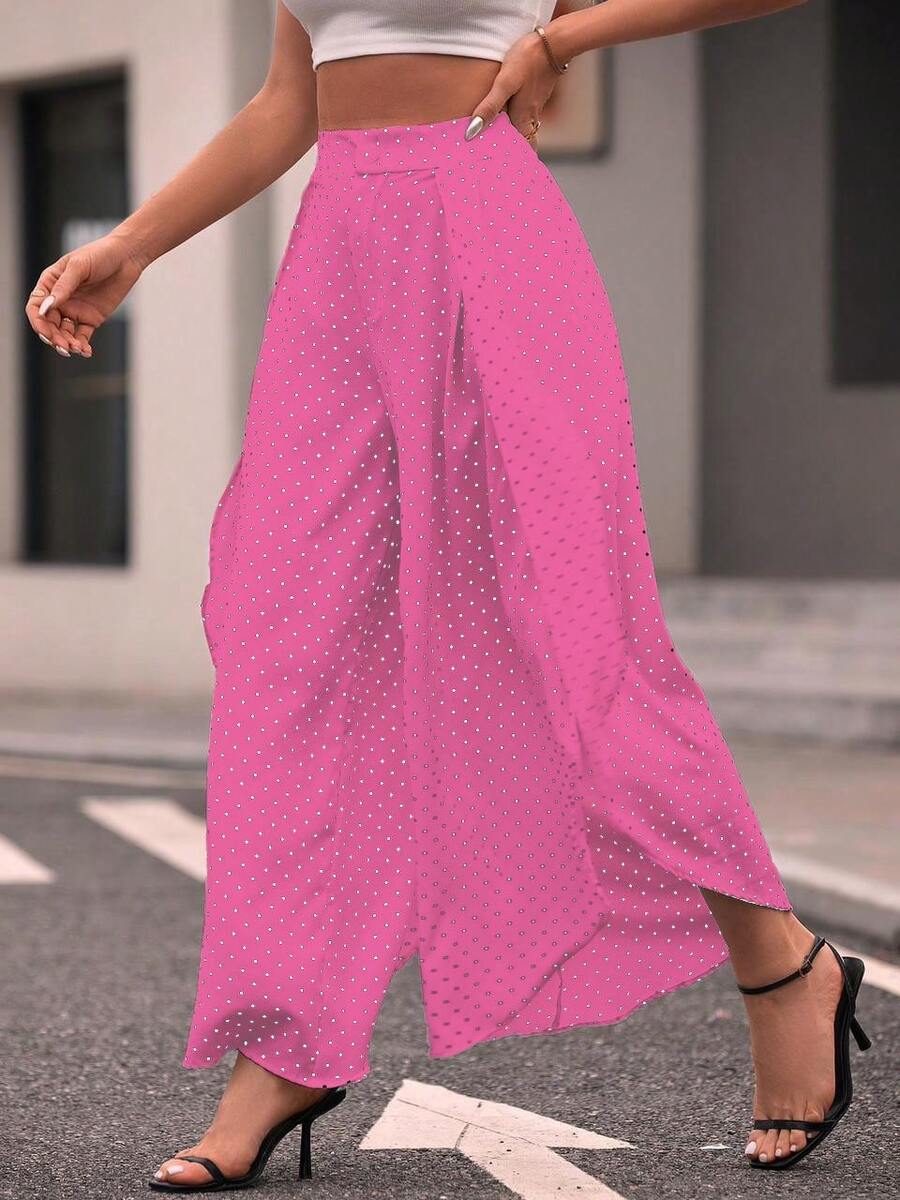 Women's Pants, Dotted, Slit, Sophisticated, Modern, Elegant, Flare, Bell Bottom, Wide Leg - Màu Hồng Tươi - Xem 1