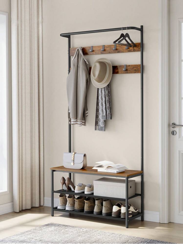 VASAGLE Coat Rack With Shoe Storage Hall Tree Coat Stand With Shoe Bench For Hallway 9 Movable Hooks Top Bar 12.7 X 33 X 35.2 Inches Bedroom Industrial Rustic Brown And Black SHEIN