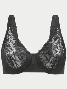Plus Unlined Floral Lace Underwire Front Closure Bra - Black - View 7