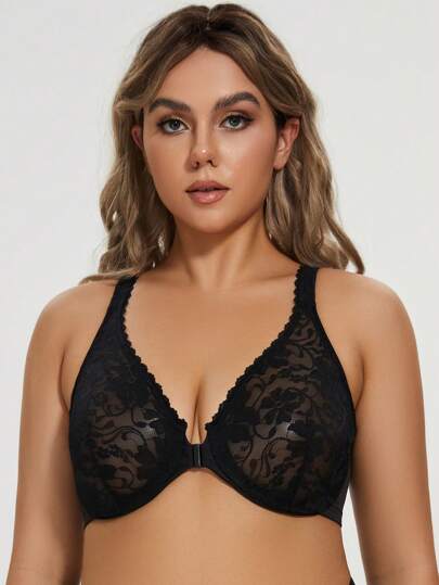Plus Unlined Floral Lace Underwire Front Closure Bra