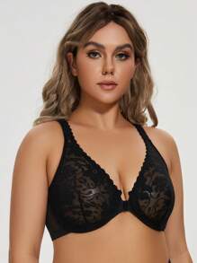 Plus Unlined Floral Lace Underwire Front Closure Bra - Black - View 3