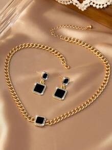 1pc Fashionable Gemstone & Diamond Decor Necklace And 1pair Gemstone & Diamond Decor Stud Earrings Suitable For Daily Wear, Parties And As Gifts