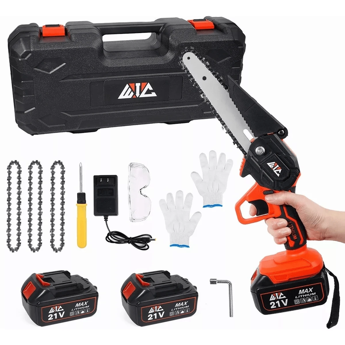 Mini Motosierra Inalambrica de Mano Portatil con 3 Cadenas 2 Baterias Recargables de 21 V 1 A 1200 W Boton de Seguridad Luz Led 110 V para Cortar Madera Podar Arboles Sierra Electrica#SHEINbuennoviembre - Naranja - Ver 1