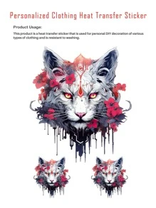 1pc Cool Animal Red Flower Wolf Head Design Diy Iron-On Transfer For Personalized Clothing, T-Shirt - color - View 1