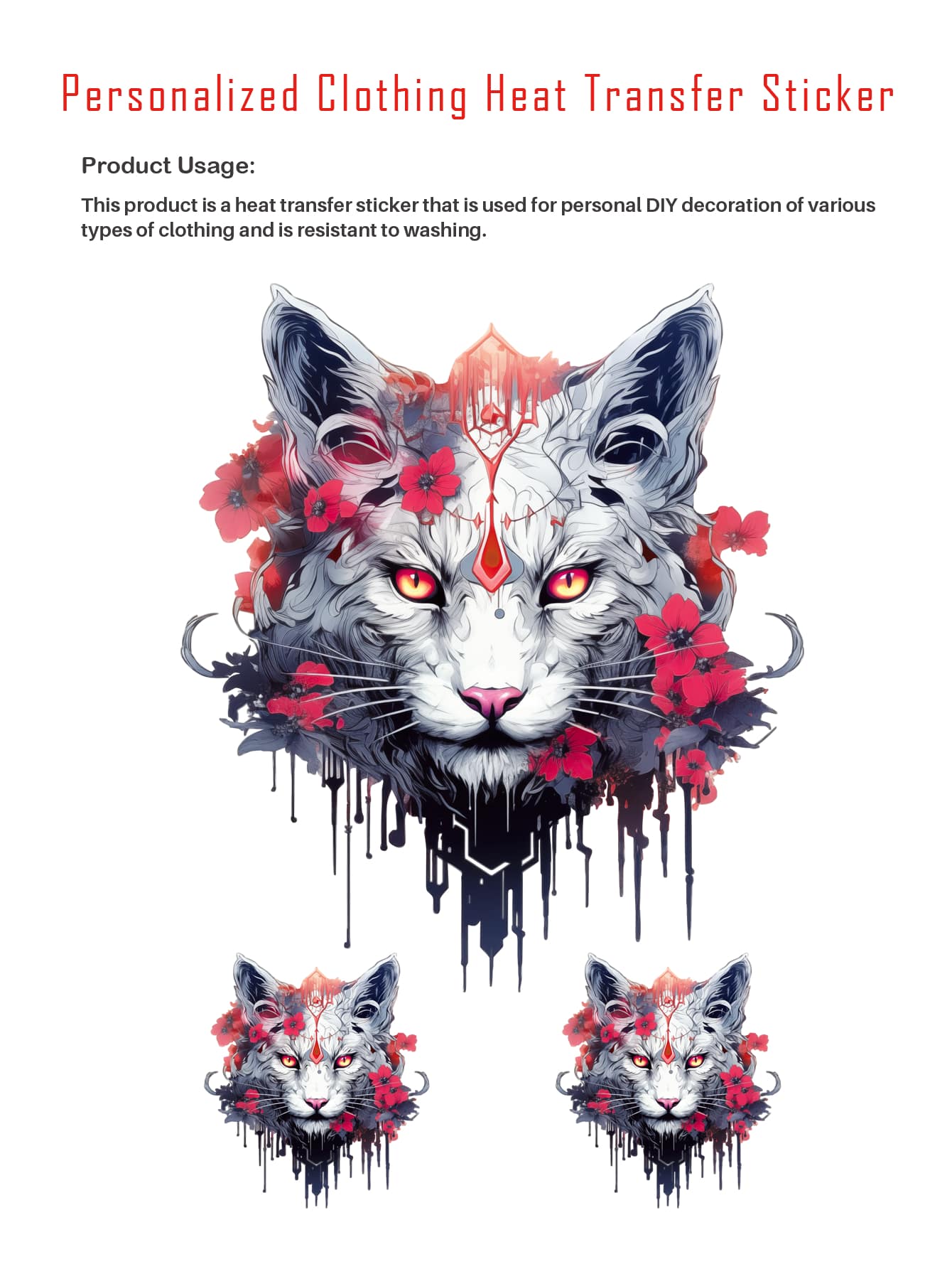 1pc Cool Animal Red Flower Wolf Head Design Diy Iron-On Transfer For Personalized Clothing, T-Shirt - color - View 1