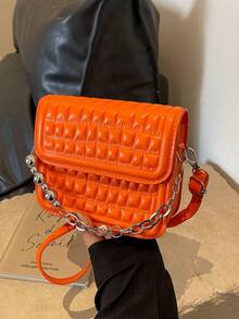 HELLO WEEKEND 1pc Mini Chain Decor Stone Pattern Pu Portable Flap Closure Magnetic Snap Fashion Crossbody Bag Suitable For Women Daily Use - Orange - View 1