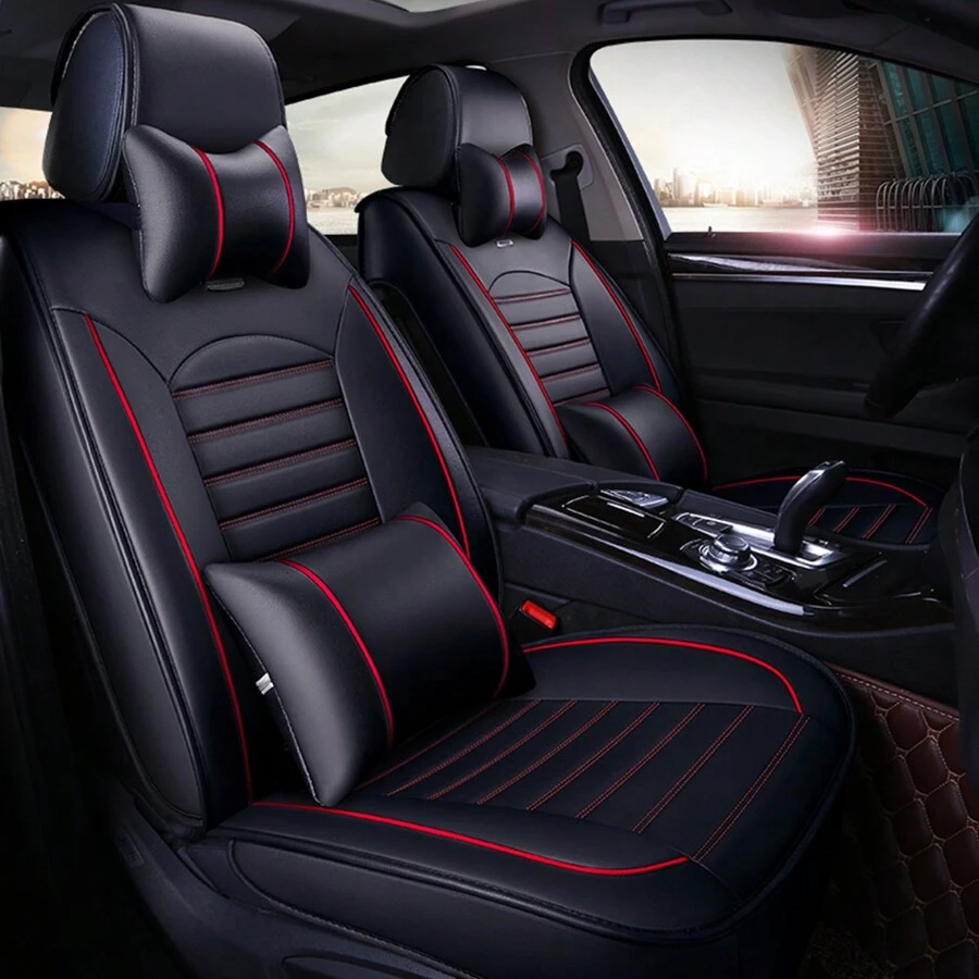 Universal Car Seat Cover Full Set PU Leather 5 Seats Front Rear Seat Cushion - 黑色和紅色 - 查看 1