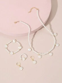 5入組女孩珍珠及幾何圖案吊墜項鍊、手鍊、戒指及耳環套裝 - 彩色 - 查看 3