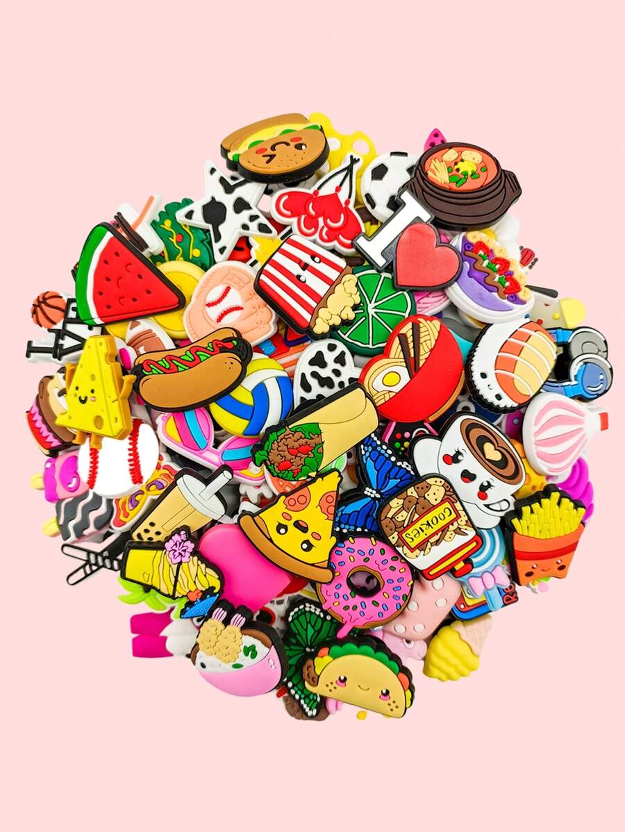 100入組美食混合主題圖案可愛鞋墊,適用於鱷魚鞋墊diy裝飾,筆盒,袋子,手機殼配件和派對禮物 - 彩色 - 查看 1