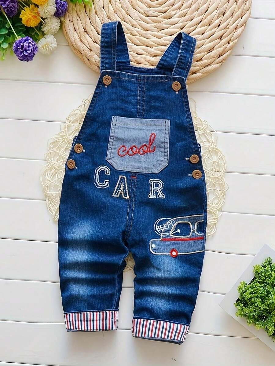 1pc Baby Boy Denim Overalls With Letter Embroidery For Spring/Autumn - Navy Blue - View 1
