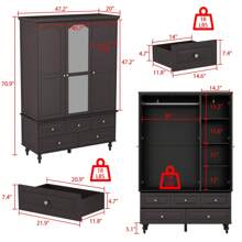 Armoire Wardrobe Closet With Mirror And 5 Drawers, Wardrobe Clothes Organizer With Hanging Rod And Shelves