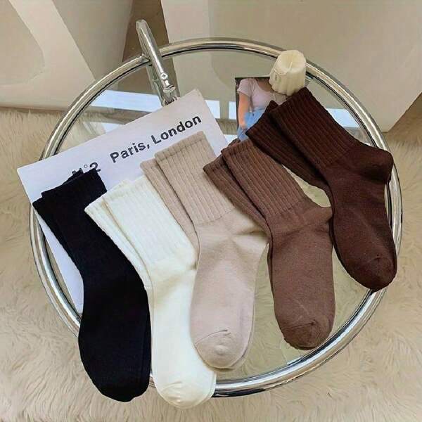 5pairs Solid Ribbed Socks, Simple & Comfy Mid Tube Socks, Women's Stockings & Hosiery
