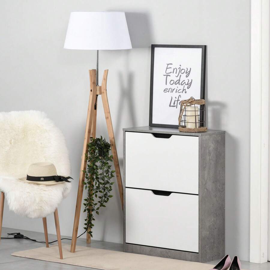 HOMCOM Two Drawer Shoe Cabinet Home Storage Organiser W/ Groove Handles Adjustable Shelves Modern Boxy Rack Hallway Bedroom Furniture