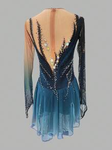 女子/女孩花式滑冰服飾深藍/黑/白/深紫色,開背網眼彈性絲絨高彈性比賽滑冰服保暖加熱鑲嵌鑽石長袖冰上服裝 - 墨綠色 - 查看 5