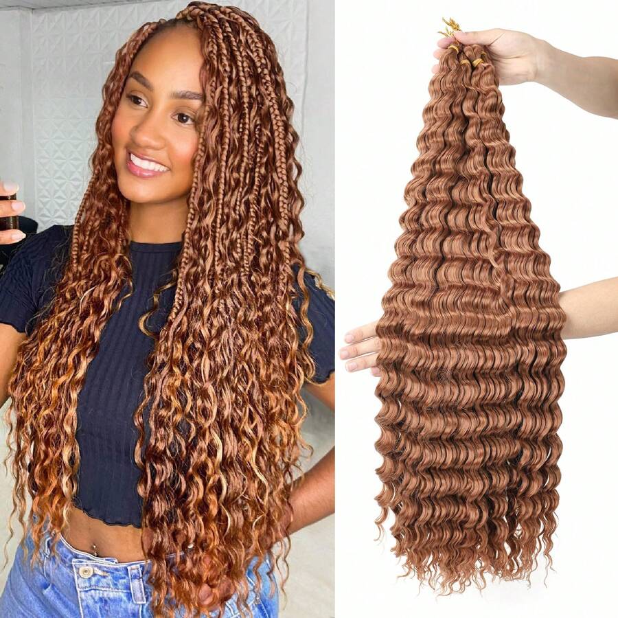 1/6Packs Ocean Wave Crochet Hair ,30Inch Brown Deep Wave Braiding Hair For Women Synthetic Curly Crochet Hair Extensions Wavy Braiding Hair Bohemian Crochet Braids(30#) - Brown - View 1