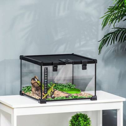 PawHut Glass Reptile Terrarium Insect Breeding Tank Vivarium Habitats With Thermometer For Lizards, Horned Frogs, Snakes, Spiders - Small 30 X 30 X 20cm