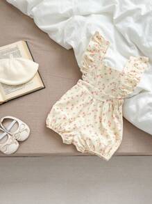Baby Girl Floral Pattern Ruffle Trim Strap Bodysuit, Spring