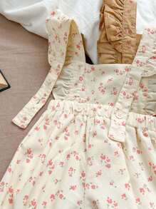 Baby Girl Floral Pattern Ruffle Trim Strap Bodysuit, Spring