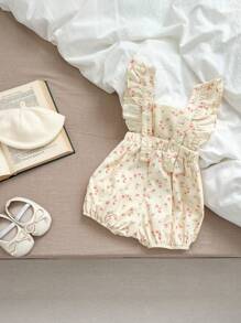 Baby Girl Floral Pattern Ruffle Trim Strap Bodysuit, Spring
