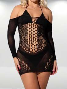 1 Đầm Nữ Tay Dài Màu Đen Ren Lưới Sheer Váy Babydoll Gợi Cảm Với Thiết Kế Nâng Mông (Không Bao Gồm Bộ Đồ Lót) - màu đen - Xem 5