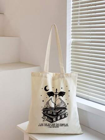 1 Bolsa De Lona De Moda Con Eslogan E Impresión De Libros, Liviana, Gran Capacidad, Reutilizable, Portátil, Plegable, Bolsa De Hombro, Bolsa De Compras Para Mujeres