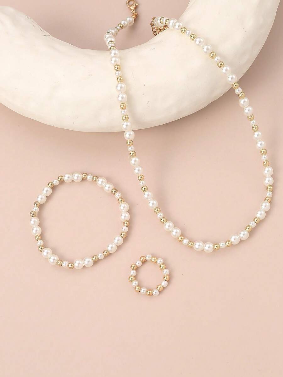 3 cái/bộ Cô gái Ngọc trai đính cườm Dây chuyền , Vòng tay Và Bộ nhẫn - Nhiều màu - Xem 1