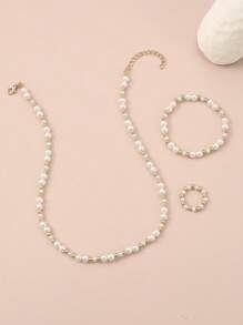 3 cái/bộ Cô gái Ngọc trai đính cườm Dây chuyền , Vòng tay Và Bộ nhẫn - Nhiều màu - Xem 4