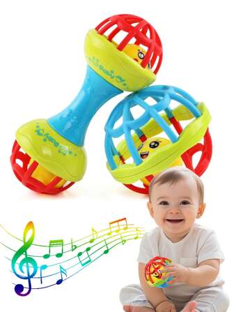 1 Pieza Bola De Goma Suave Para Bebés Con Sonajero, Bola De Agarre De Mano Con Palito, Bola De Fitness Sensorial, Se Puede Hervir, Accesorios Tempranos De Juguetes Educativos, Diseño/color/tamaño/embalaje Al Azar