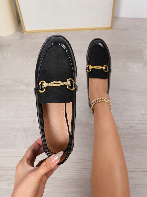 Women's Low Vamp Round Toe Flat Shoes, Spring New Vintage British Style Small Leather Shoes, Black Loafers