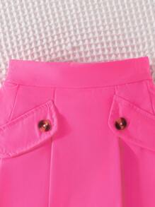 3 piezas Conjunto de ropa de vuelta al colegio para niña joven, de moda y dulce, de verano, incluye camiseta de unicolor, parte superior de red calada y falda mini plisada - Rosa Fucsia - Ver 6