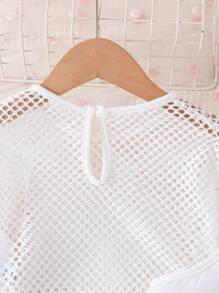 3 piezas Conjunto de ropa de vuelta al colegio para niña joven, de moda y dulce, de verano, incluye camiseta de unicolor, parte superior de red calada y falda mini plisada - Rosa Fucsia - Ver 4