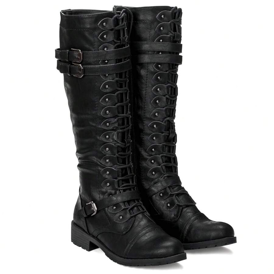Women's Knee High Riding Boot Lace Up Boot Fashionable Buckle Wide Calf Knee High Boots Combat Boot - màu đen - Xem 1