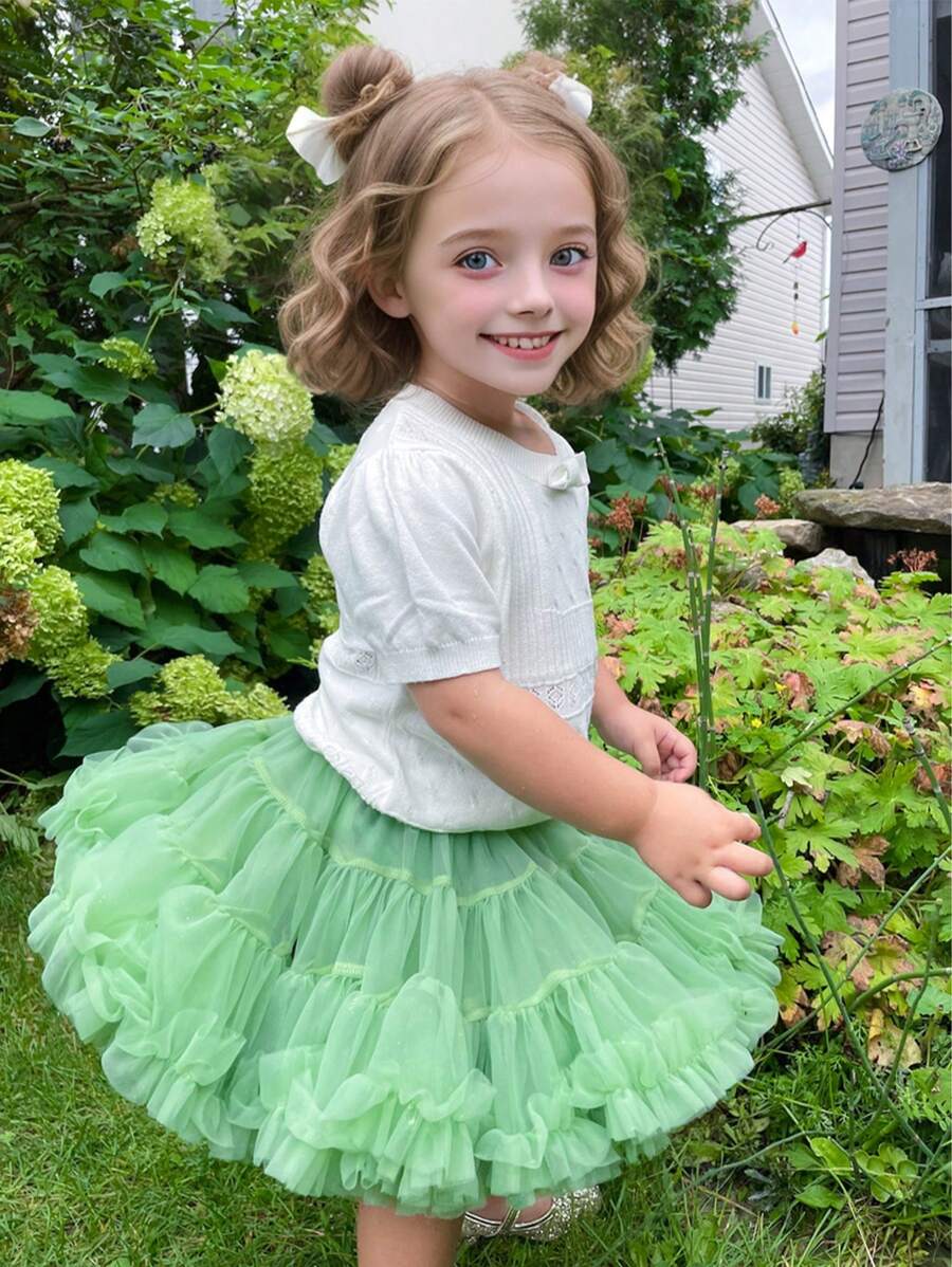 1pc Young Girls' Lovely, Gorgeous, Sweet,  Heavy Duty Tulle Tutu Skirt With Flower Hem, Suitable For Ballet, Party, Dress-Up, Four Seasons - Green - View 1