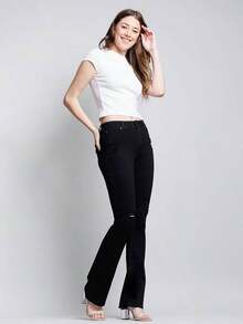 HIGH WAISTED SLIM BOOTCUT JEANS - สีดำ - ดู 4