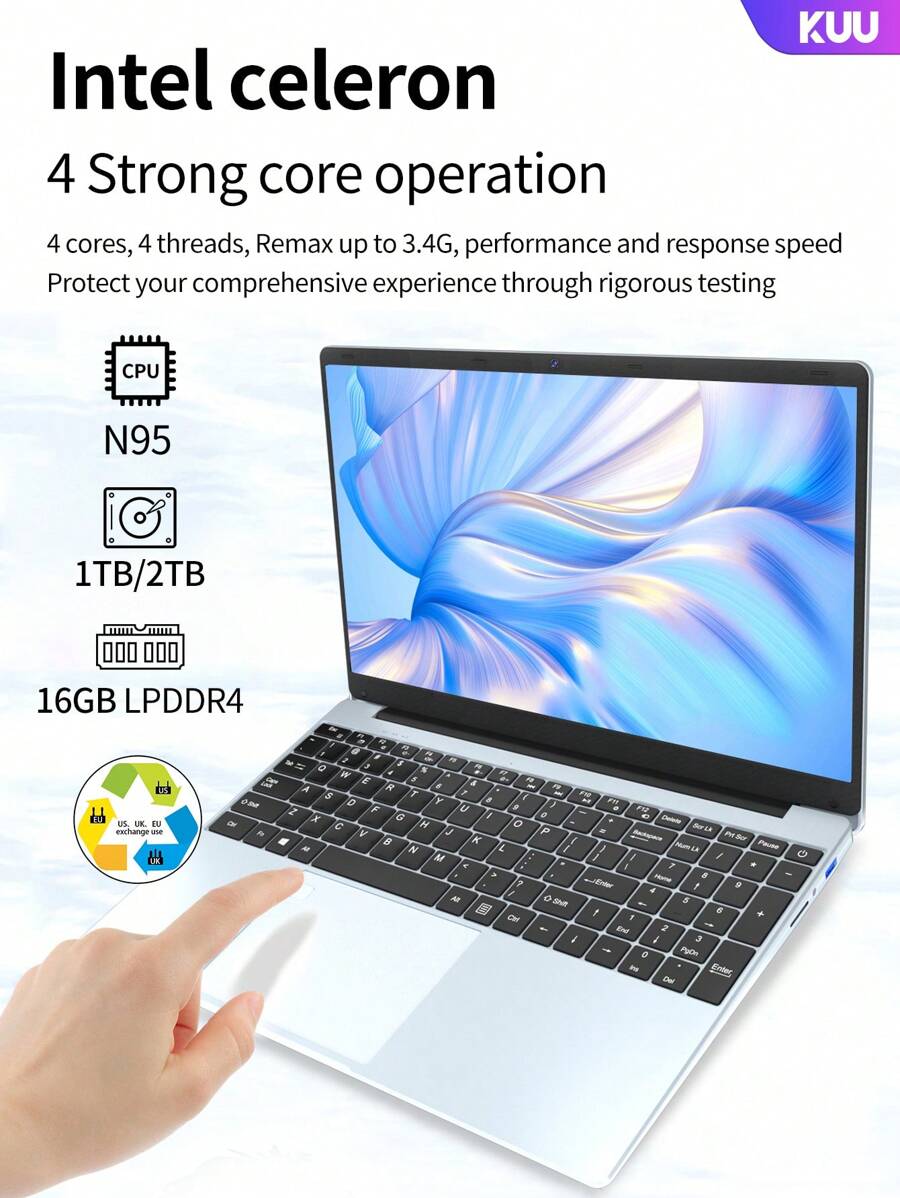KUU Laptop Computer Pc YEPBOOK-2 15.6 Inch 11 Intel  16G RAM DDR4 512GB, 1TB SSD Windows  Office Computer Backlit With Fingerprint WiFI Wireless 4.2 Camera Three Universal Adapters: US, UK, And EU Silver Gray - EU C Type Plug(220-240V) - View 1