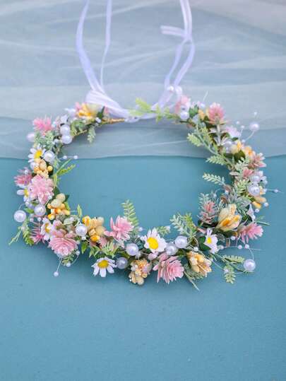 1pc Handmade Bridal Red Floral Headband, Pink Princess-Style Hair Accessory, Cute Daisy Decor, Wedding Hair Ornament, Flower Girl Accessory Valentine's Day Accessories