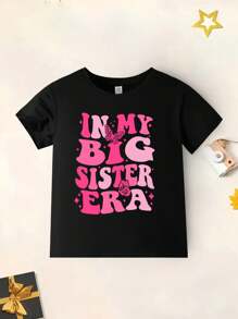 Camiseta de gola redonda com estampa gráfica fofa, casual e versátil para a escola, férias e passeios casuais, adequada para primavera, verão e outono. - Preto - Ver 3