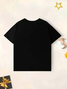 Camiseta de gola redonda com estampa gráfica fofa, casual e versátil para a escola, férias e passeios casuais, adequada para primavera, verão e outono. - Preto - Ver 4