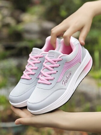 女性透氣網面厚底搖搖鞋,帶鞋帶,適合所有季節,休閒旅行鞋,運動跑步鞋