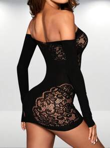 1 Đầm Nữ Tay Dài Màu Đen Ren Lưới Sheer Váy Babydoll Gợi Cảm Với Thiết Kế Nâng Mông (Không Bao Gồm Bộ Đồ Lót) - màu đen - Xem 2