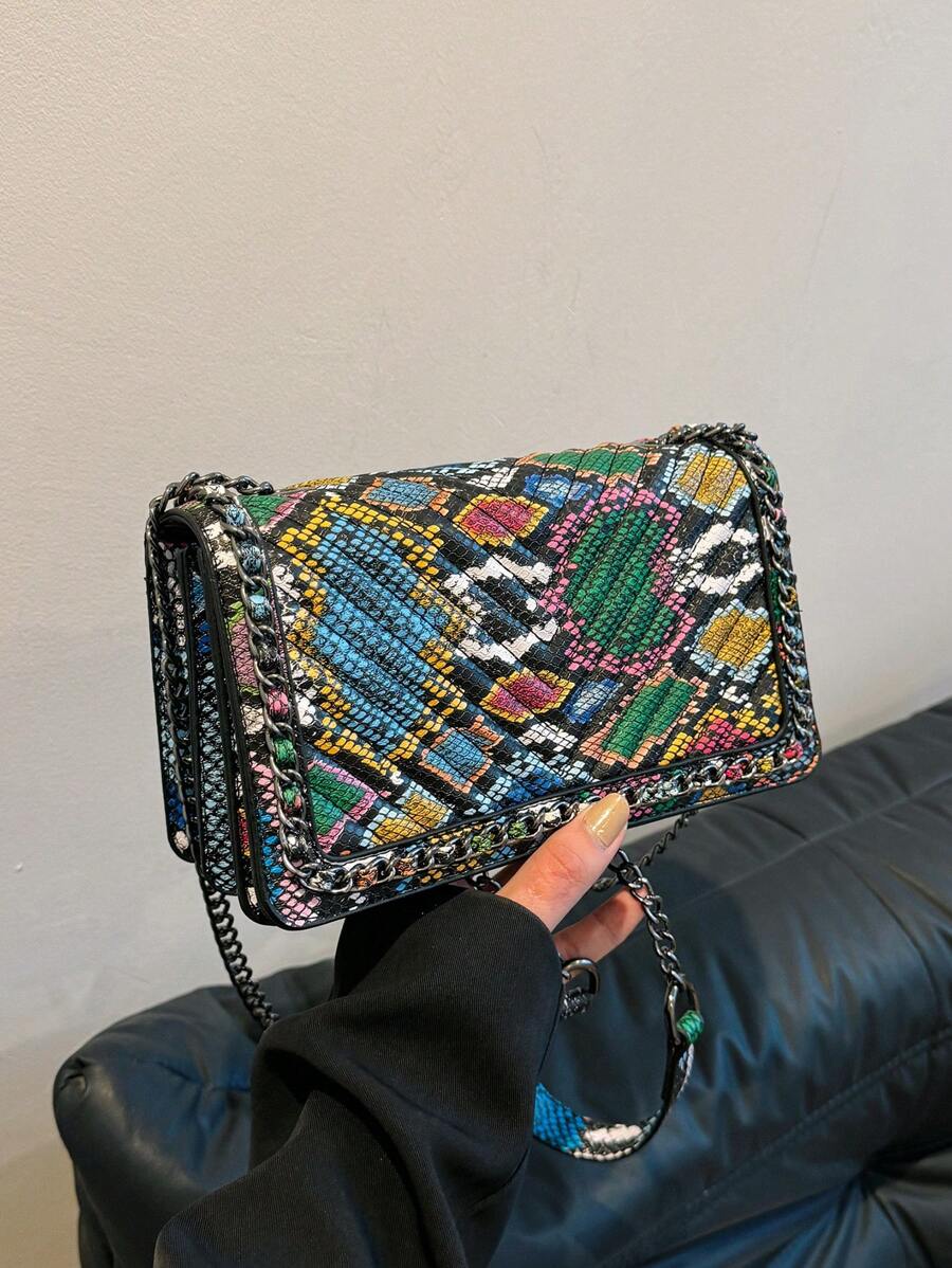 Fashionable Embroidery Thread Pu Colored Chain Shoulder Bag Women's Crossbody And Handbag