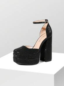 Women's High Chunky  Platform Glitter Pumps Closed Toe Block Heels Square Toe Ankle Strap Dress Christmas Wedding Party Prom Heels Shoes - 黑色 - 查看 5