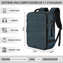 mochila para Laptop Portátil de 17.3 Pulgadas 45L Hombre Impermeable Mochila de Viaje Gran capacidad Negro - Azul - Ver 5