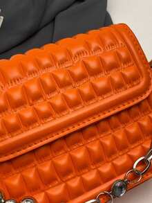 HELLO WEEKEND 1pc Mini Chain Decor Stone Pattern Pu Portable Flap Closure Magnetic Snap Fashion Crossbody Bag Suitable For Women Daily Use - Orange - View 9